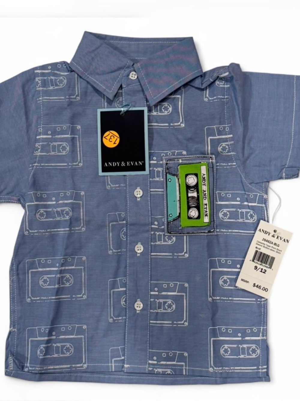 Andy & Evan Blue Short Sleeve Boys' Cassette  Button Down Shirt 9/12M
